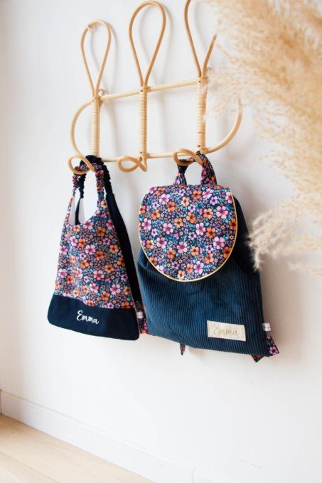 Sac cartable Juliette velours bleu marine